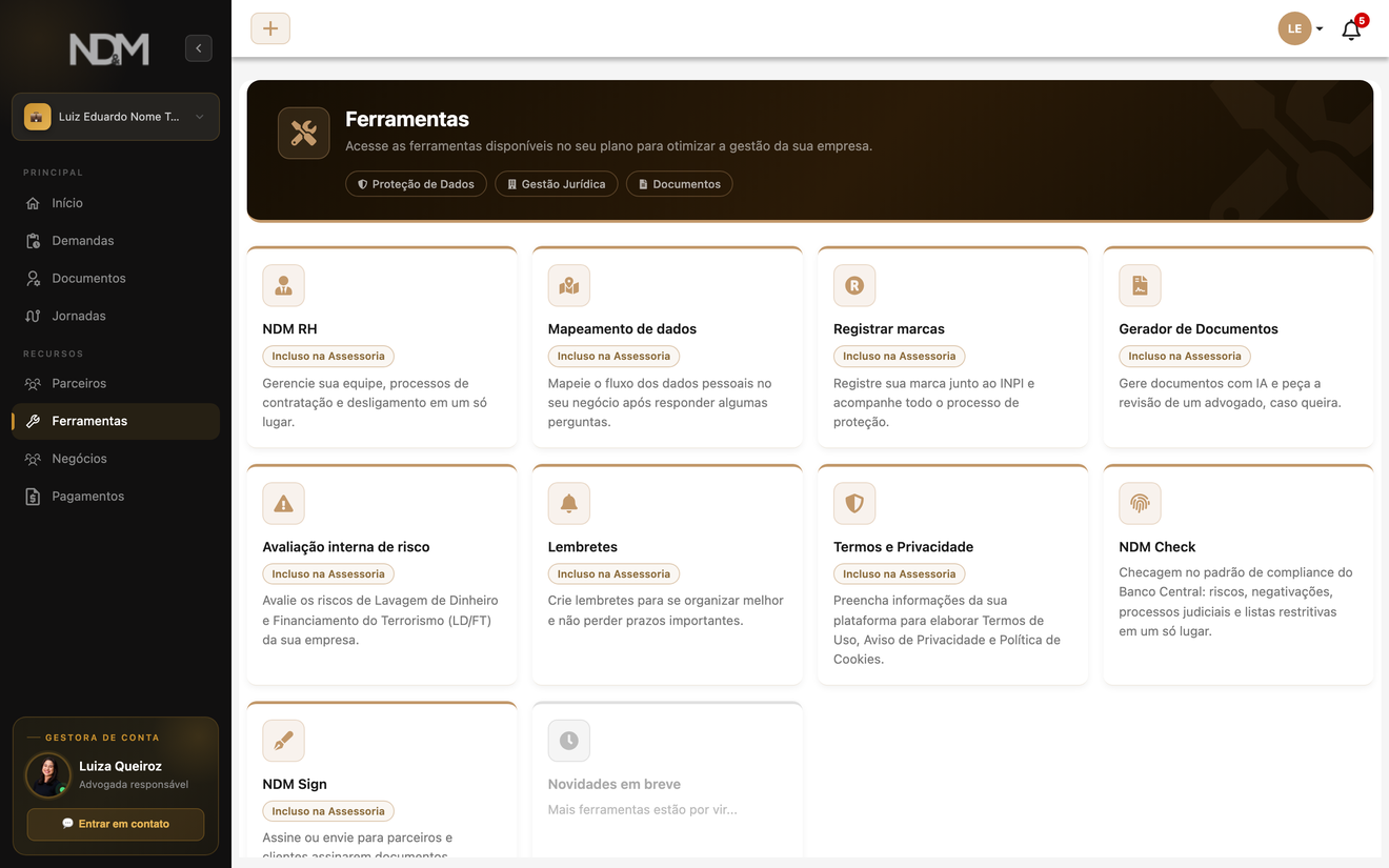 Tela Ferramentas da plataforma NDM